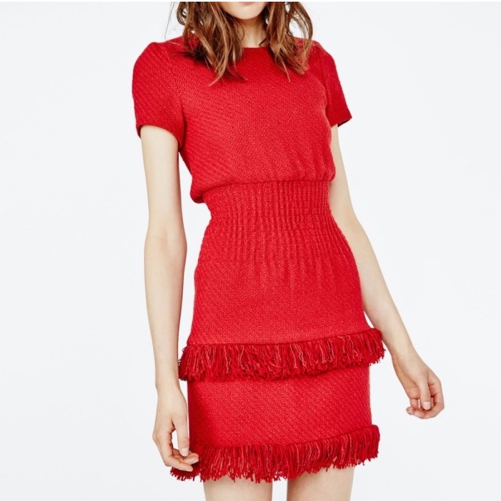 Maje Bright Red Fringe Knit Mini Dress